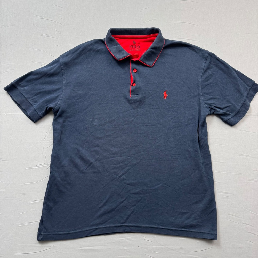 Polo Ralph Lauren Mens XL Navy Blue Red Contrast Trim Short Sleeve‎ Polo Shirt